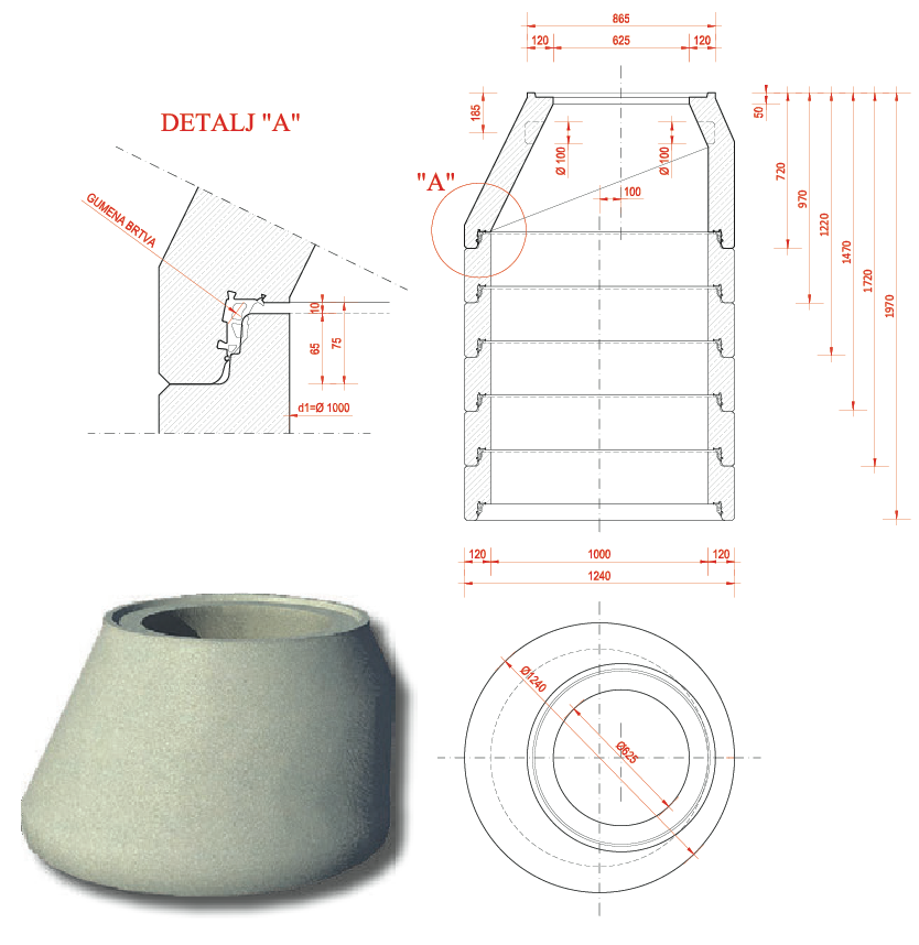 Betonski konus šahta DN1000/625 sa integrisanom gumenom zaptivkom